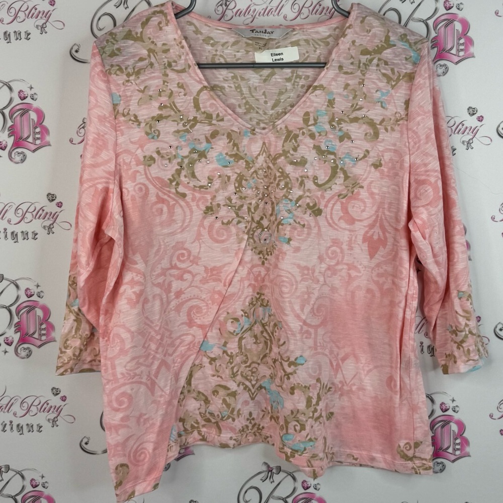TanJay shirt long sleeve paisley flowers Pink and Blue Floral rhinestone Blouse